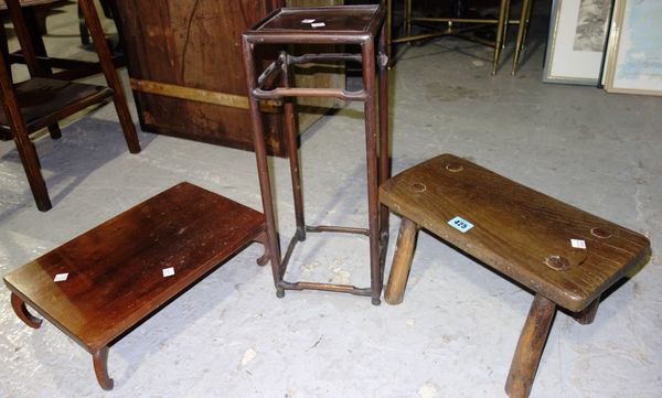A 19th century mahogany small low table, an oak stool and an Oriental hardwood small table, (3).