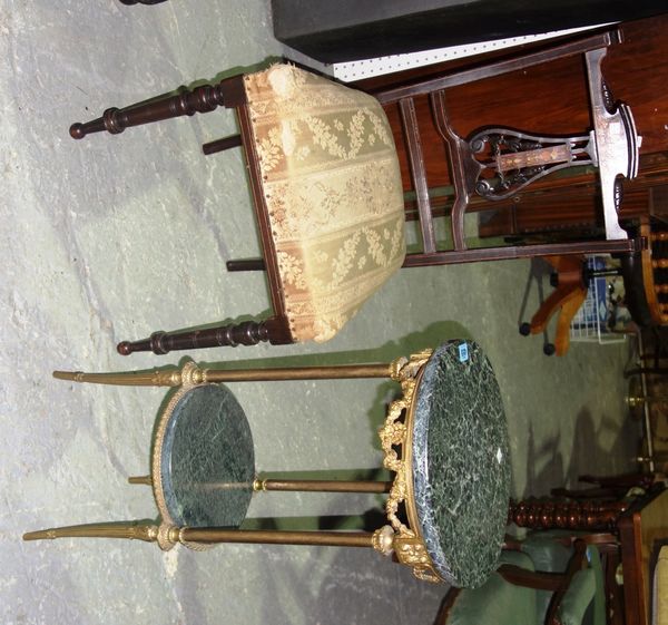 A 20th century French gilt metal and marble two tier occasional table and an Edwardian inlaid chair. (2)