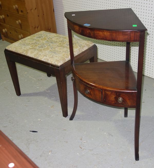 A George III mahogany corner wash stand and a stool.