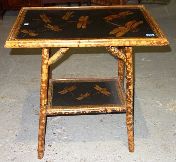 A Victorian bamboo two tier table with later dragonfly decoupage decoration.