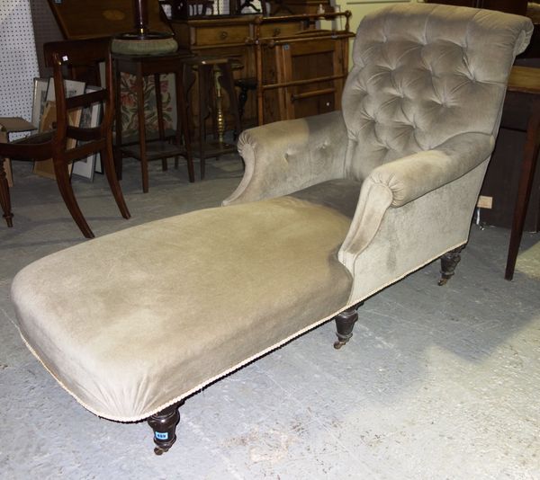 A late Victorian armchair chaise, with oak legs and grey button back upholstery.