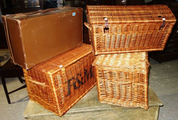 A group of three wicker hampers and a leather case. (4)