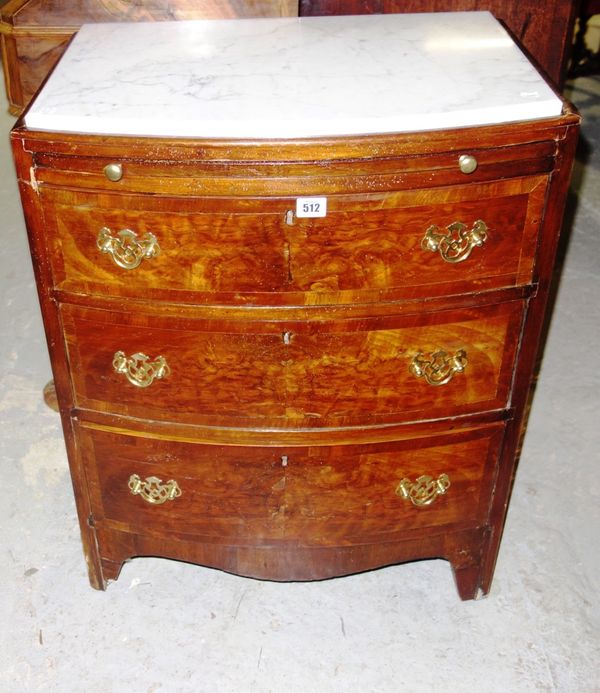 A 19th century walnut three drawer bowfront chest with marble top.
