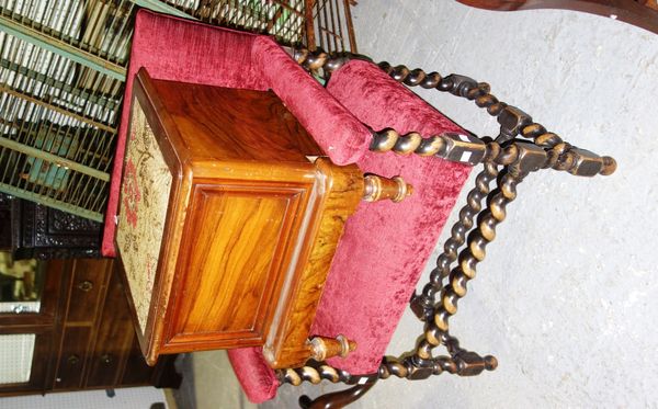 A Charles II style barley twist armchair, together with a small box commode and a four fold silk screen. (3)