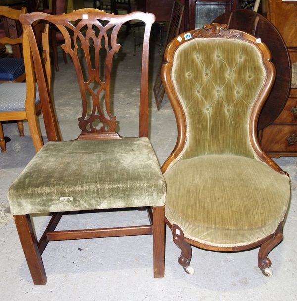 A 19th century mahogany dining chair with pierced splat and a walnut nursing chair. (2)