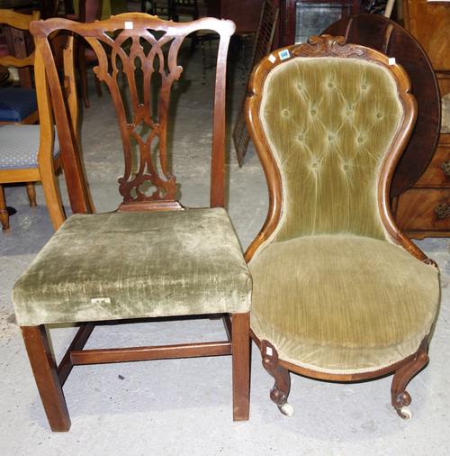 A 19th century mahogany dining chair with pierced splat and a walnut nursing chair. (2)