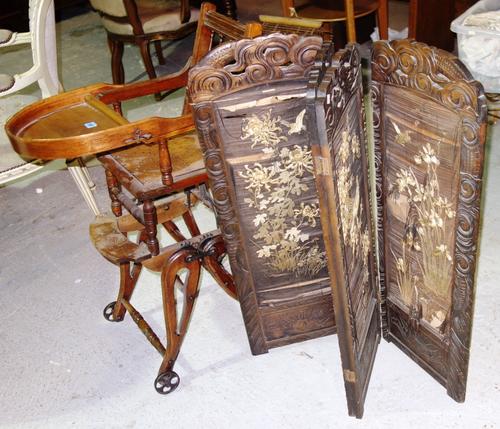 A 20th century Chinese hardwood three fold screen and a child's metamorphic rocking/high chair, (2).