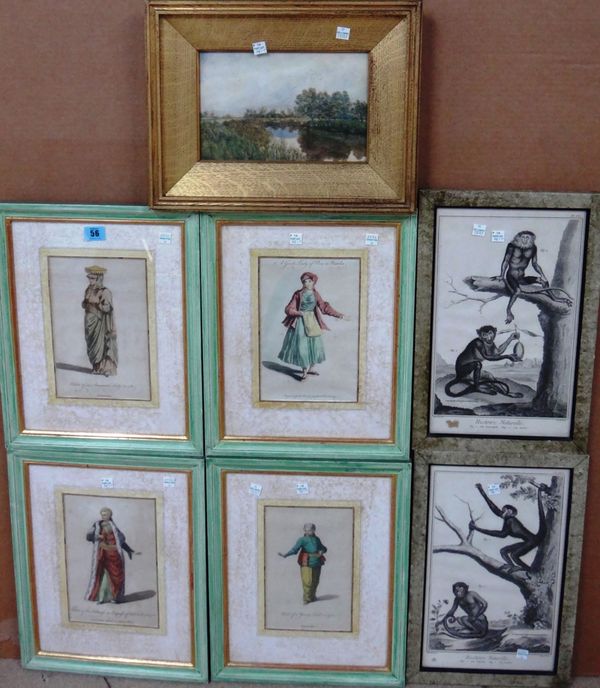 A group of four hand coloured engravings of Oriental costume, two engravings of monkeys and a watercolour landscape, (7).
