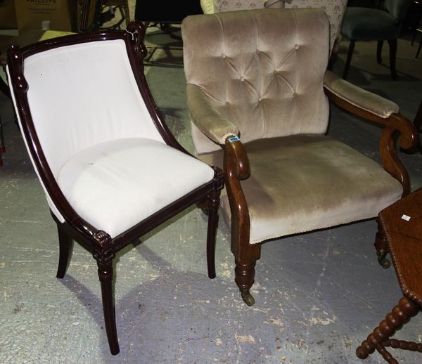 A walnut framed open armchair and a single chair with carved swans head, (2).