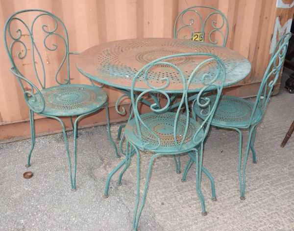 A 20th century green painted metal garden table and four chairs, (5).