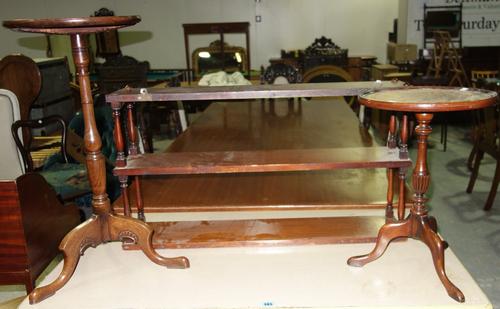 A mahogany three tier hanging shelf and two wine tables.