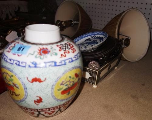 A group of ceramics and collectables, including; a Chinese ginger jar, a Chinese dish, a snuff box, cased silver spoons and sundry, (qty).