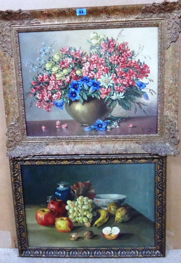 V** G** (20th century), Still life of flowers, oil on canvas, indistinctly signed, together with a further oil still life of fruit, (2).