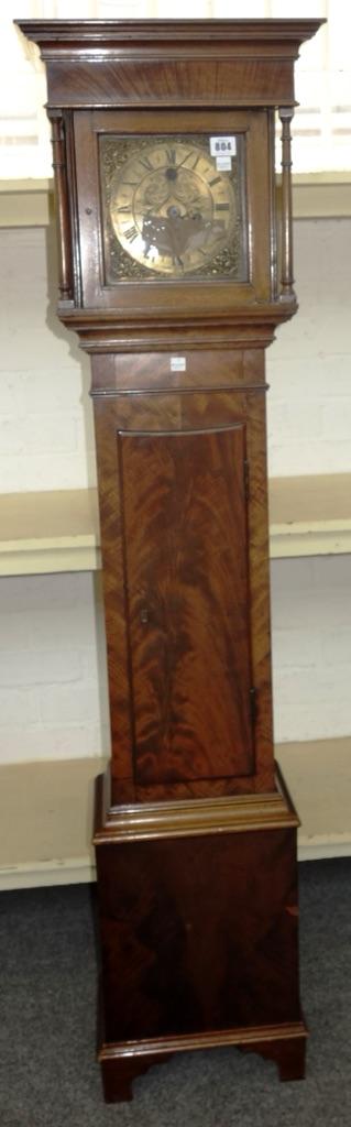 A Georgian style mahogany cased grandmother clock, circa 1900, with a single chain driven movement striking on a bell, the glazed hood flanked by turn