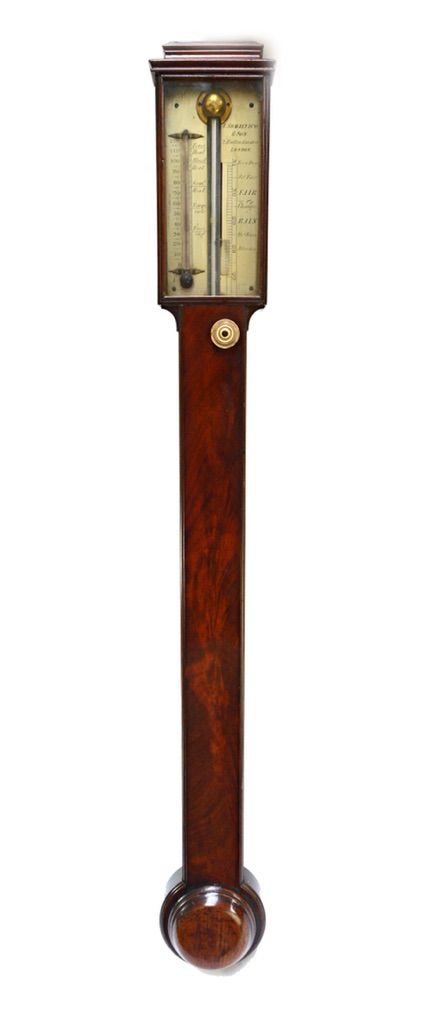 A late George III mahogany stick barometer and thermometer by J Somalvico and Son, Hatton Garden, London, with plinth pediment, silvered plate, chamfe
