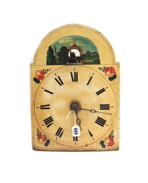 A Continental painted wall clock, 19th century, with a 'Cuckoo' aperture and crude movement, 40cm high, (two weights and pendulum).