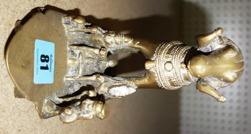 An Indian bronze figure of a ram, possibly late 18th century, standing four square with diminutive acolytes and animals standing below on a shaped rec