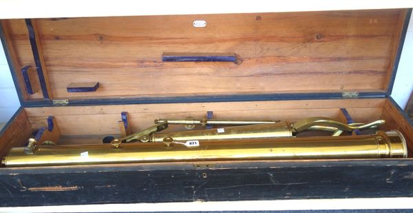 A 3 1/4 inch brass refracting telescope on stand, English, late 19th century, the tube with rack and pinion focusing, supported by bracket and telesco