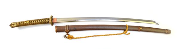 A Japanese katana, late 19th century, with polished steel blade 68.5cm and signed tang, a pierced bronze tsuba and a cord bound fish skin handle in a