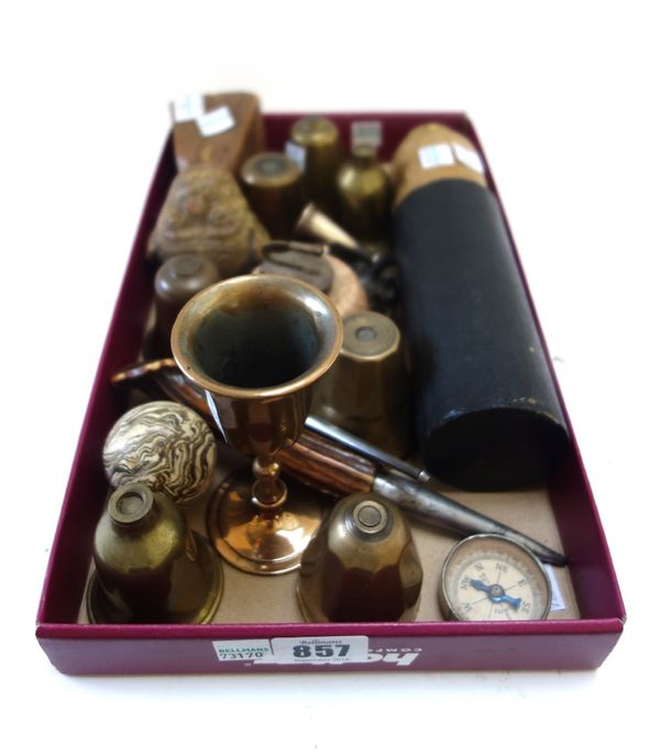 A quantity of small collectables, including; eight portable bronze communion chalices, 10.5cm high, a four drawer mahogany bound brass telescope detai
