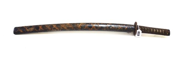 A Japanese Wakizashi, late 19th century, with steel blade 53cm, unsigned tang, bronze tsuba and a cord bound fish skin handle in a painted wooden saya