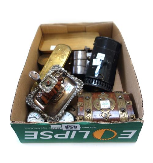 A quantity of metalware collectables, including; an 18th century Dutch brass and copper tobacco box and hinged cover, 16.5cm wide, a portable metal la