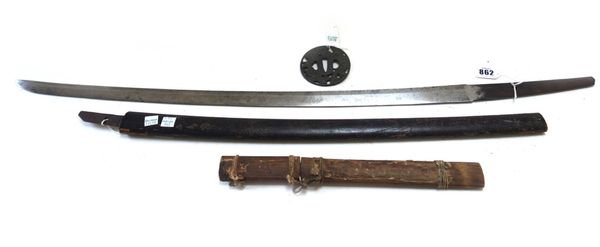 A Japanese steel katana blade 69.5cm, unsigned, a Japanese steel Wakizashi blade 40cm, unsigned, a circular pierced steel tsuba 8cm diameter and a woo