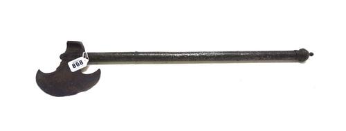A 16th century style steel hand axe, with crescent shaped blade and tubular handle, 55cm long.
