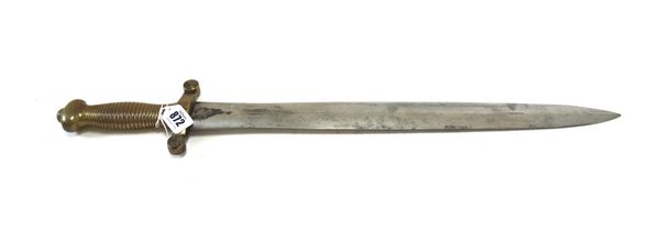 A French 1831 pattern short sword, the double edged steel blade stamped 'Talabotes Paris', with a one piece brass cross guard and ribbed handle.