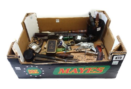 A quantity of small collectables, including; a carved horn cow, a novelty white metal vesta cast as a wine bottle, 6.5cm high, an early 20th century b