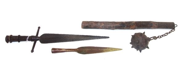 Two 19th century French bayonets, a mace with wooden handle, an 18th century steel spear head, 42.5cm long, three African spear heads, a wooden club,