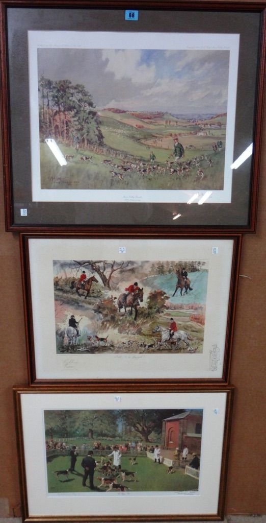 John King, Meon Valley Beagles, colour print, signed in pencil, together with Terence Cuneo, The Puppy Show, and Gillian Harris, Still to be Enjoyed,