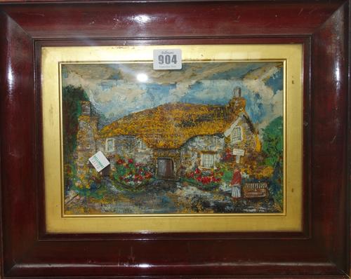 A green painted wooden hanging rack with carved and pierced decoration 36cm wide, a folk art painted wooden candle box and a handmade picture titles '