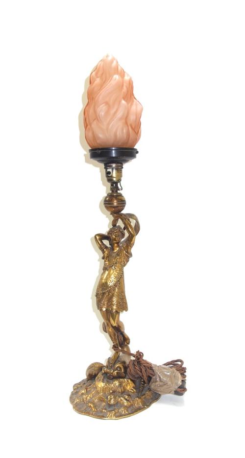 A gilt bronze figural table lamp, late 19th century, modelled and cast with a young lady atop a shell cast naturalistic base with a frosted glass shad