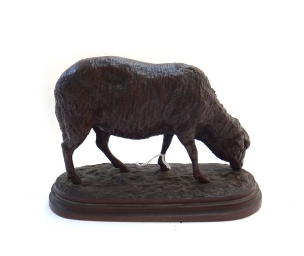 After Rosa Bonheur (French, 1822-1899), a patinated bronze figure of a sheep, 19th century, on a naturalistic shaped base, stamped 'Rosa' to the cast,