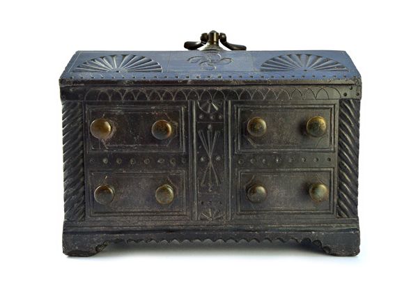 A Victorian Welsh carved slate miniature bureau, with brass handles, 16.3cm wide. Illustrated