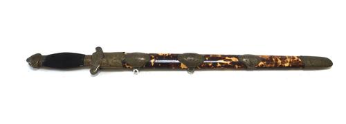A Chinese short sword, 19th century, with a double edged steel blade, gilt metal hilt, wooden handle and a tortoiseshell bound scabbard, 56cm overall.