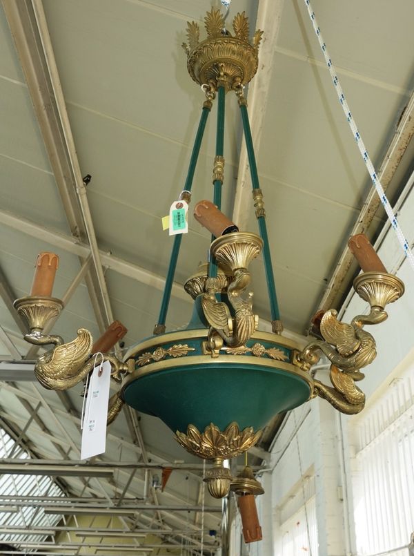 A pair of bronze Louis XVI style six branch chandeliers, modern, each green painted with a circular body suspended by three rods and issuing six swan