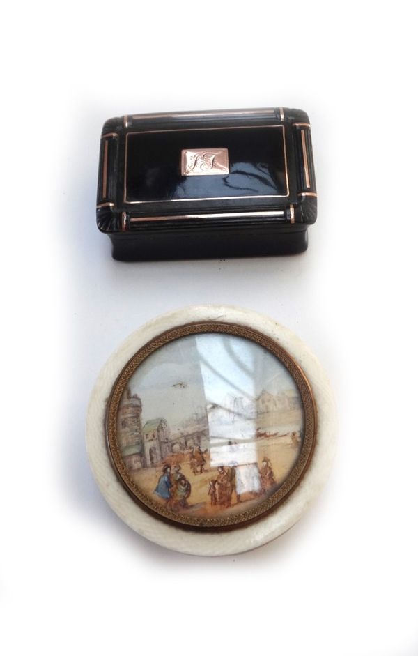 A French tortoiseshell and 9ct gold inlaid snuff box, 19th century, of rectangular form, 6cm wide, and a Continental ivory circular patchbox, 19th cen