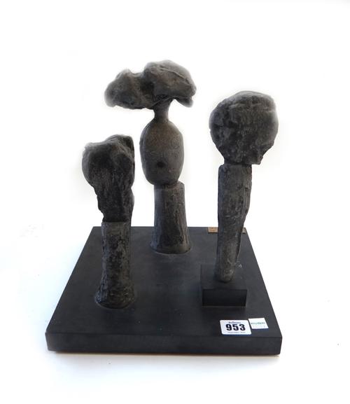 John Wragg (b.1937), 'Trio', 1963, limited edition 1/8, an aluminium sculpture depicting three stylised trees on a square black slate plinth, 29cm hig
