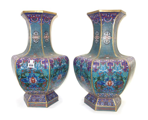 A pair of modern Chinese champlevé vases of hexagonal baluster form, 53cm high. (2)