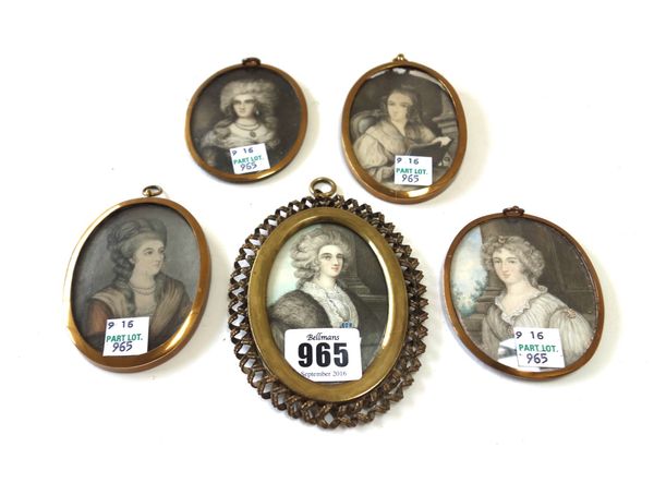 A late 19th/early 20th century Continental portrait miniature on ivory of a fashionable woman in 18th century style dress, 8cm high, and four others s