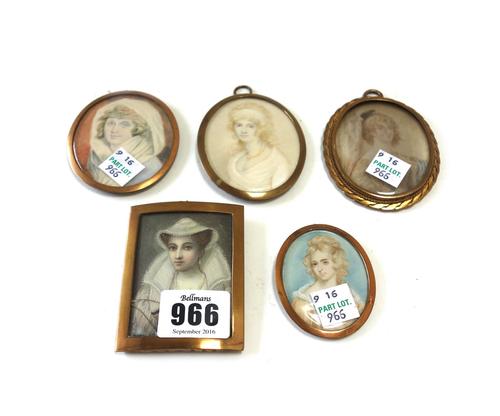 A late 19th/early 20th century Continental portrait miniature on ivory of a fashionable woman in 16th century style dress, 6cm x 4.5cm, and four other
