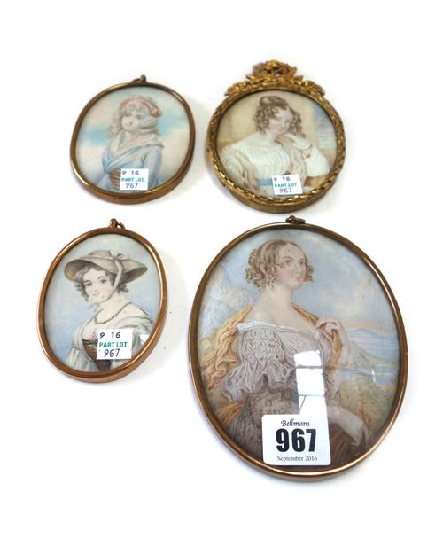 A late 19th Continental large portrait miniature on ivory of Viscountess Powerscourt, after the original by T's Rofs, 14cm high, and three others simi