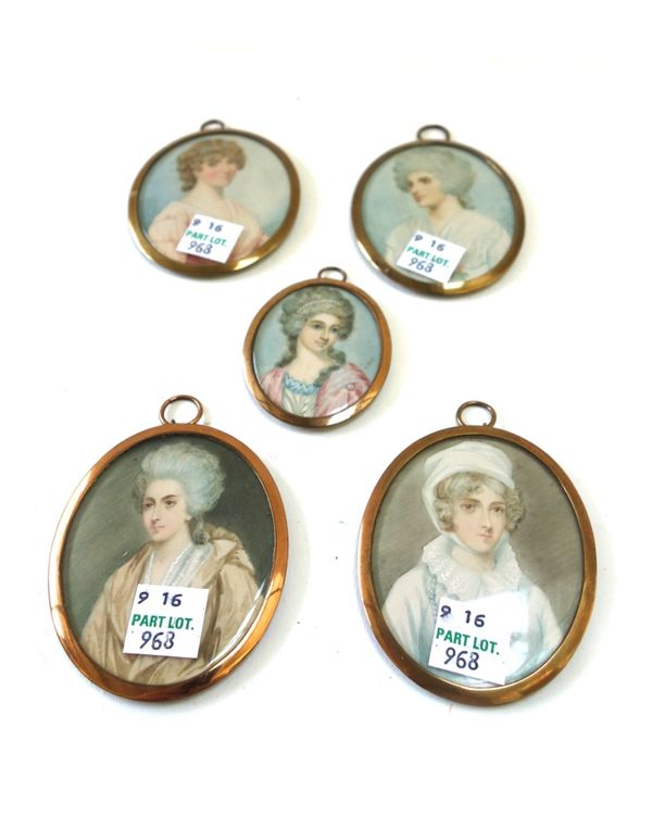 A late 19th/early 20th century Continental portrait miniature on ivory of a fashionable woman in Regency style dress, bearing signature 'T Ray', 5cm h