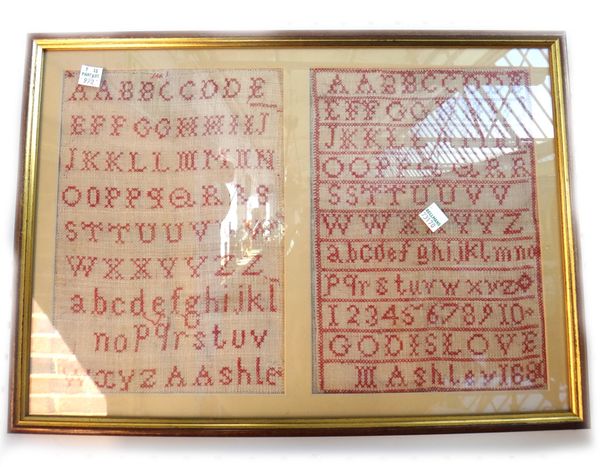 An alphabet sampler by Martha Ann Phelps 1837 (37cm x 29cm), another dated 1815 and three further 19th century alphabet samplers, framed and glazed. (