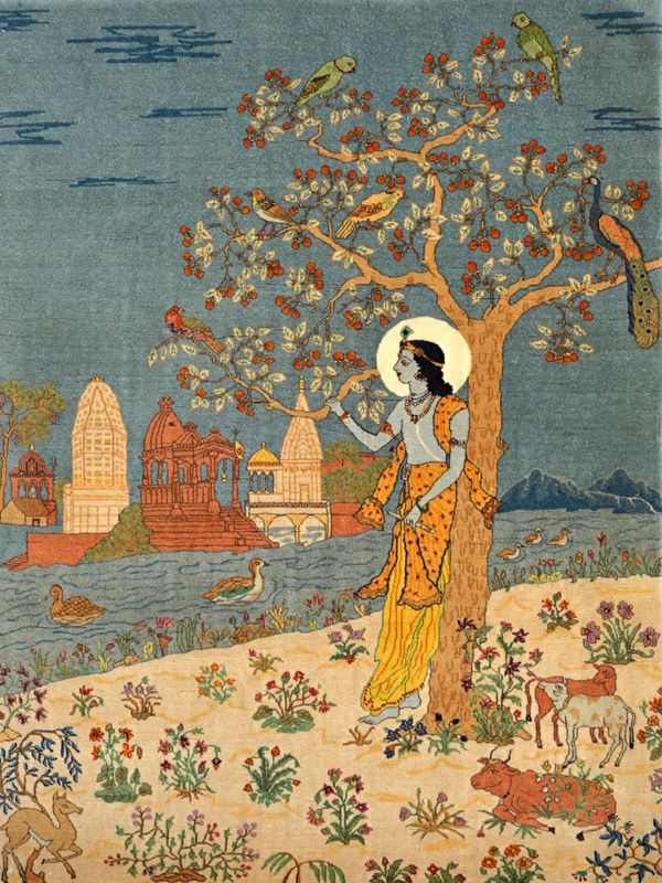 A very fine Kashmir pictorial panel depicting Shiva standing against a tree, in a moonlit landscape, with a lake and building behind, animals and plan