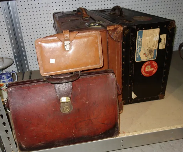A leather suitcase with Union Castle labels, another black trunk with Cunard White Star Line labels, leather case, a pigskin small case and a quantity