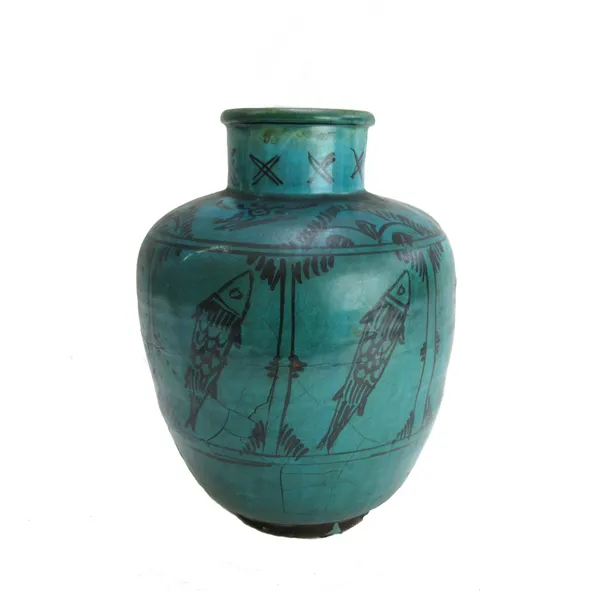 A Persian green ground pottery vase, 19th century, decorated with stylised fish, 26.5cm high, a green ground pottery bowl, a Sang de Boef bowl, 22cm d