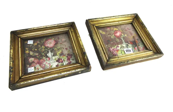 A pair of English porcelain rectangular plaques, 19th century, each painted with a still life of a jug with flowers and insects, 15cm. by 17cm. framed